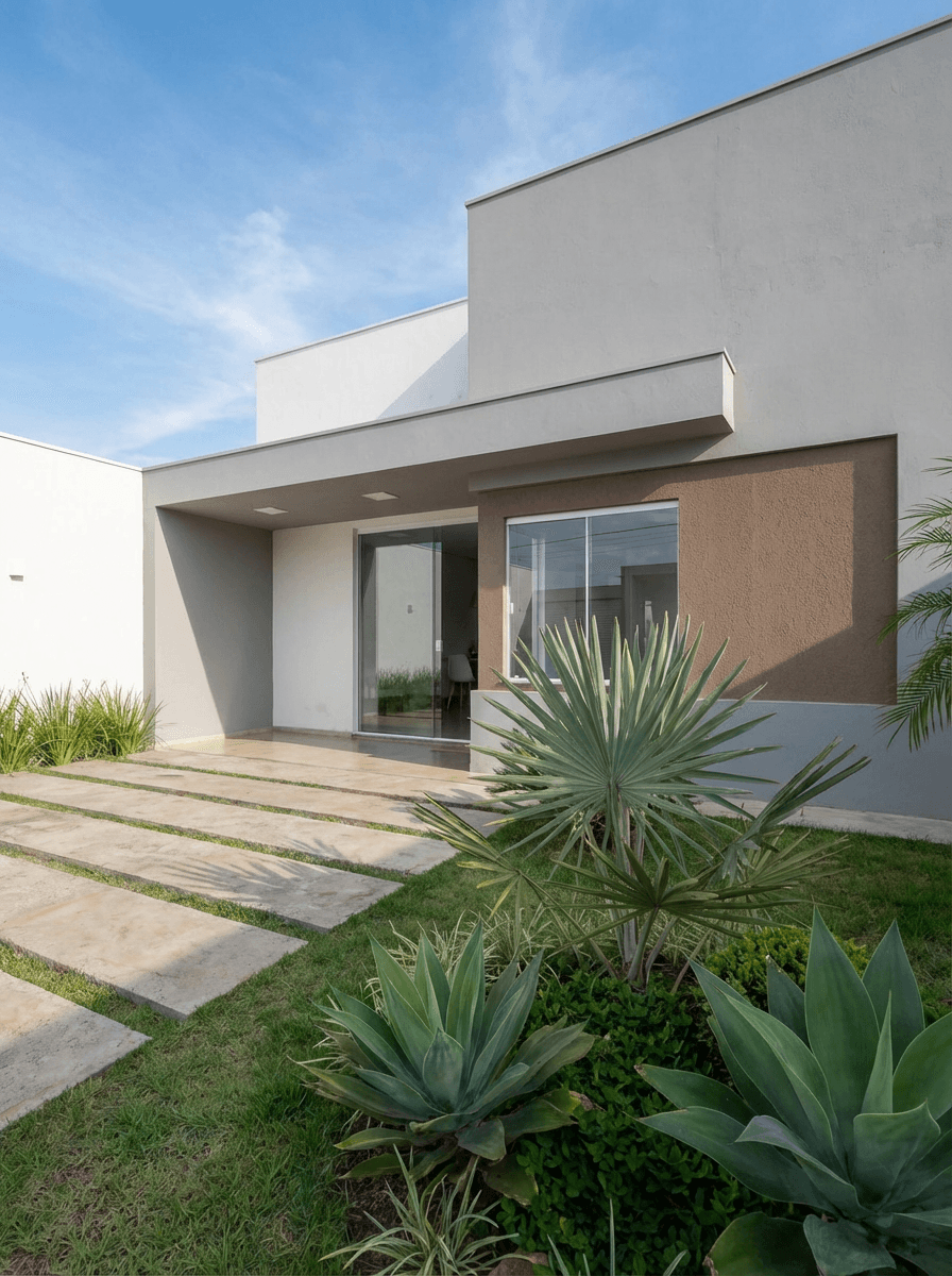 Fachada frontal de casa térrea contemporânea com varanda coberta, revestimento em tons de areia e jardim de agaves