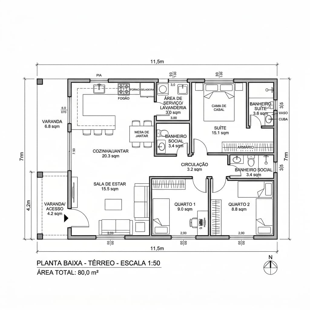 Planta baixa técnica do pavimento térreo na escala 1:50, com cotas, layout de mobiliário e áreas de cada ambiente